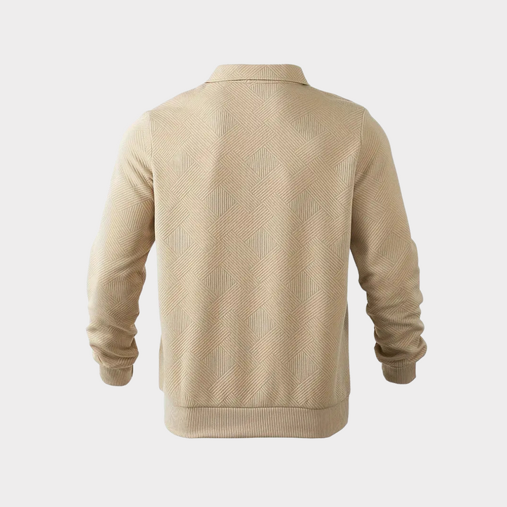 Front view of a men's black textured half zip sweater with collar open, perfect for winter comfort