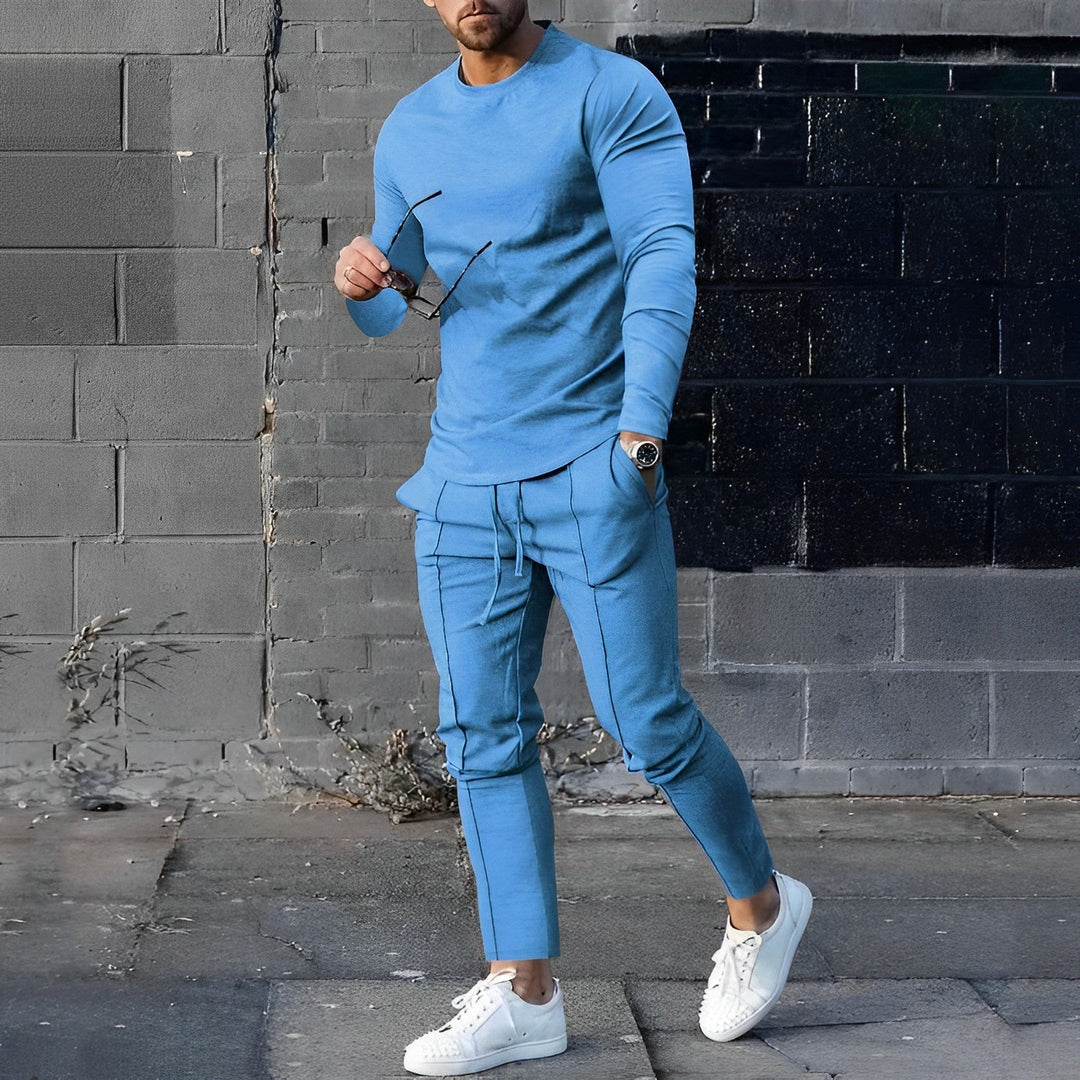 Comfortable men's two-piece outfit featuring a long sleeve shirt and matching jogger pants