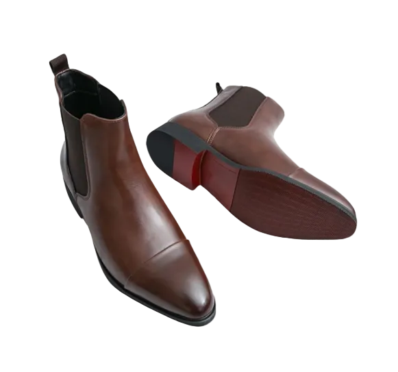 Stylish brown men's Chelsea boots, slip-on ankle boots for casual or dress wear. Features elastic side panels.