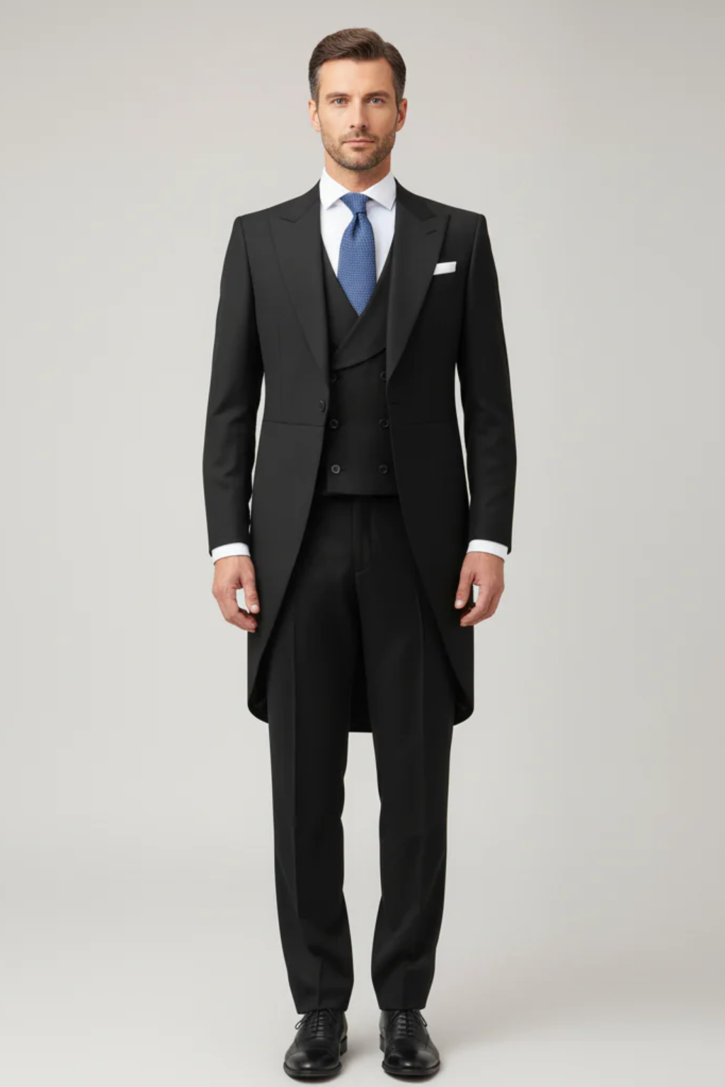 Men's classic black tailcoat suit, a formal three-piece attire perfect for weddings, black-tie events & galas.