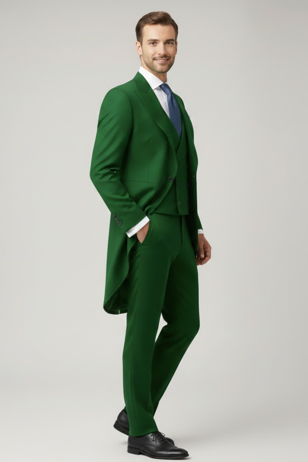 Sophisticated men's black-tie tailcoat suit, ideal formalwear for weddings, evening parties & gentleman's events.