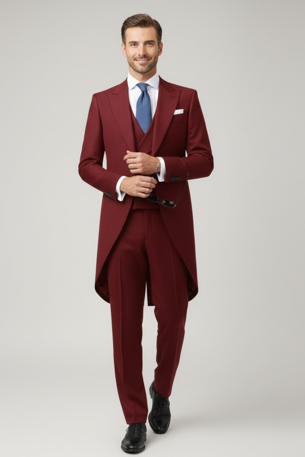 Stylish men's three-piece tailcoat suit: jacket, waistcoat & trousers. Perfect formal attire for special occasions.