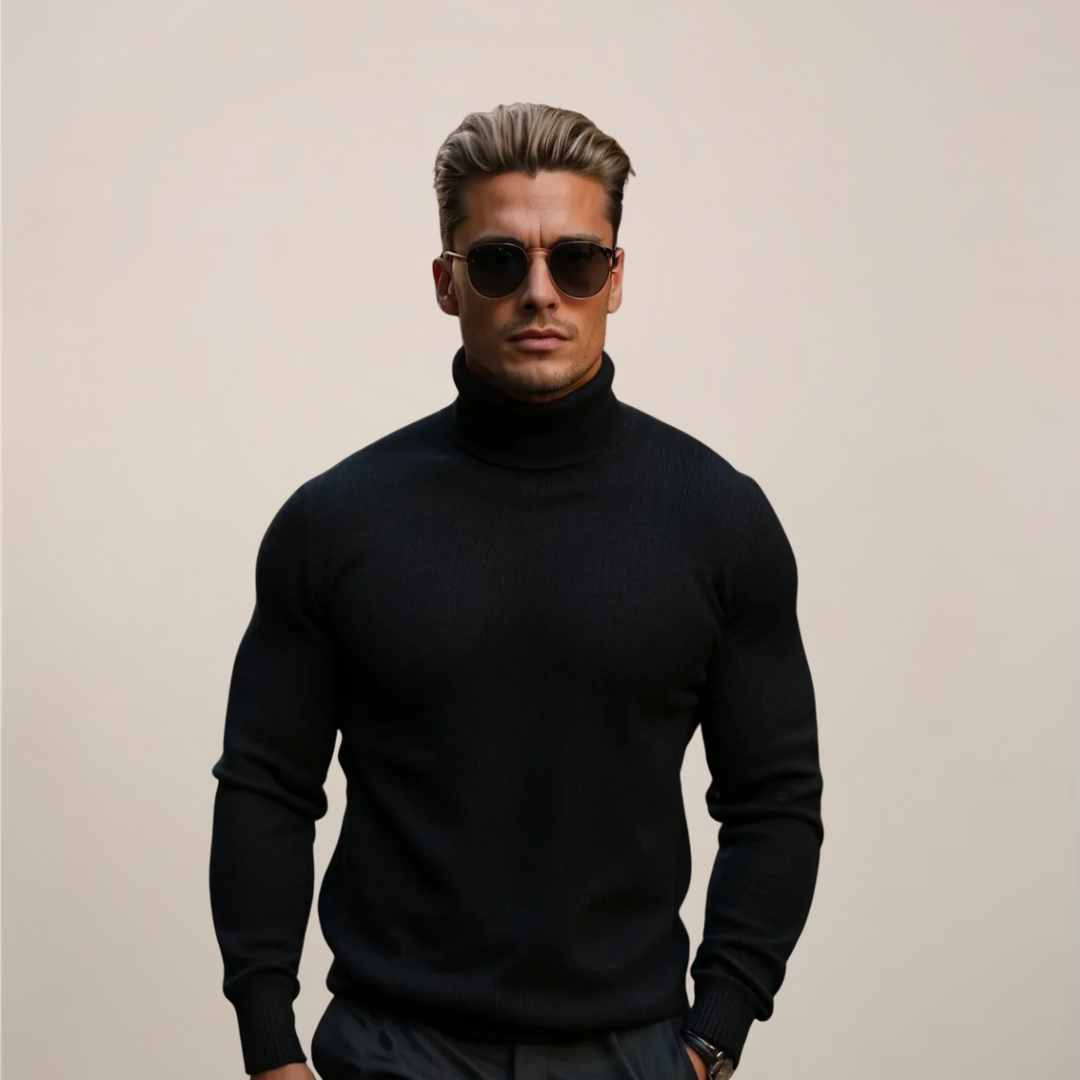 Men's classic black turtleneck pullover sweater, an essential for spring fashion & casual wear.