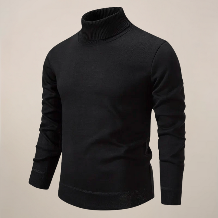 Front view of a men's ivory turtleneck pullover sweater, an elegant and versatile casual top.