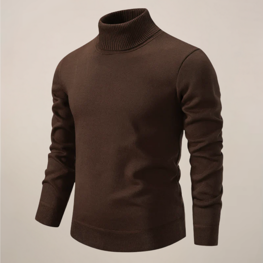 Man wearing a comfortable grey men's turtleneck pullover, ideal for spring casual wear & classic style.