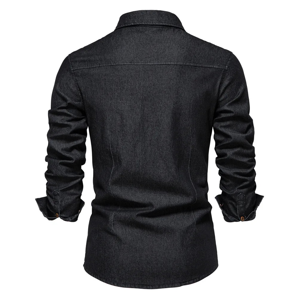 Classic men's denim button-up shirt in a timeless blue wash, long sleeves