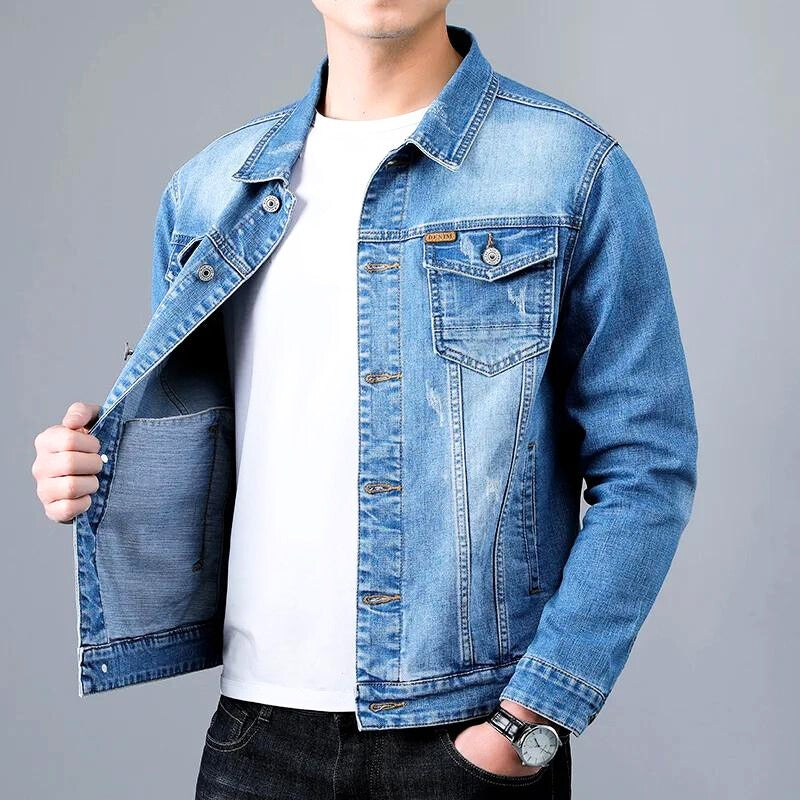 Men's tapered fit denim jacket in blue, a timeless piece for any casual outfit