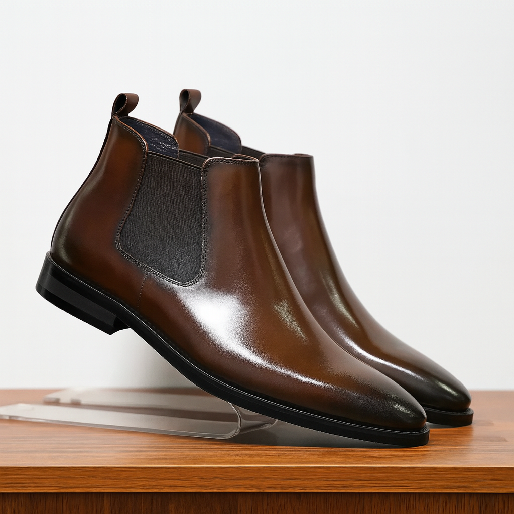 Men's classic brown leather Chelsea boots, perfect for casual or dress wear, with elastic side panels.