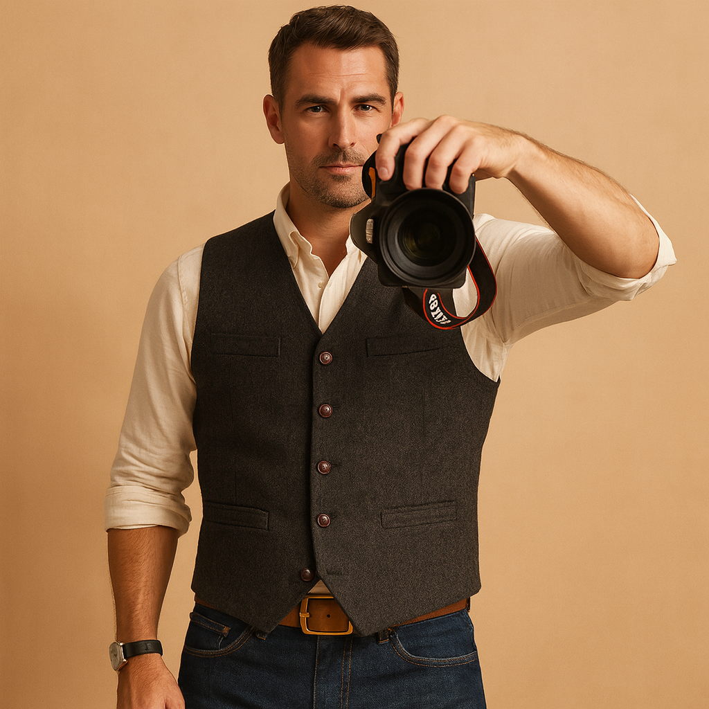 Tailored men's buttoned vest, perfect for gentleman style & sophisticated autumn layering.