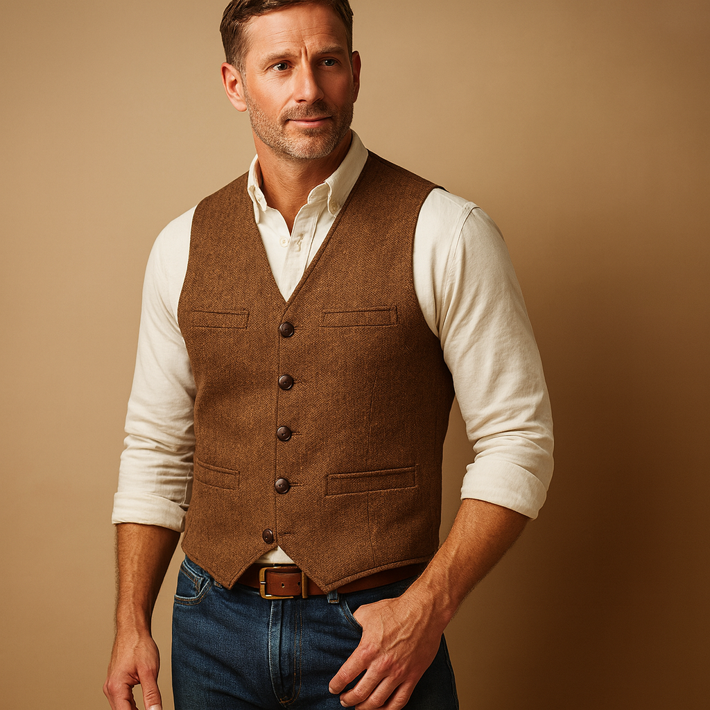 Stylish men's classic buttoned vest, a key piece for winter outfit layering & men's fashion.