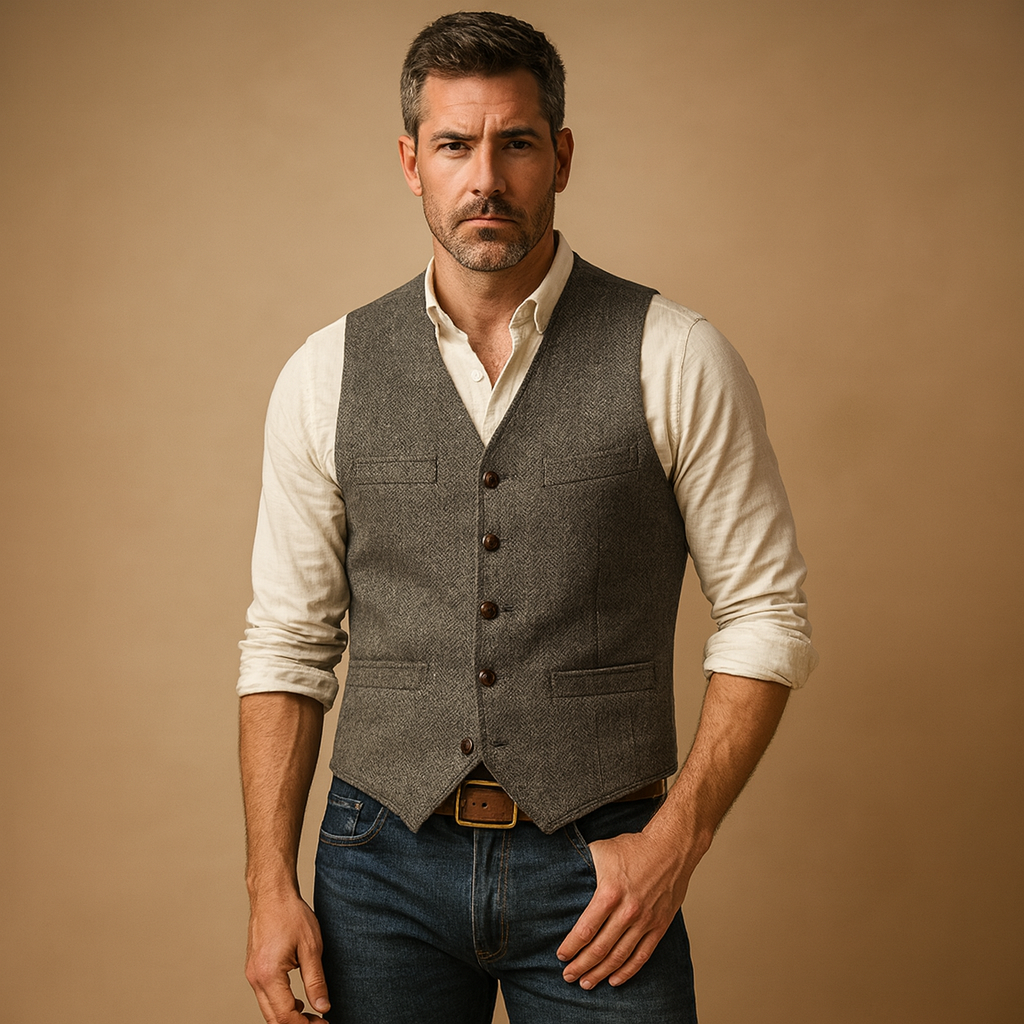 Classic men's tailored buttoned vest for elegant gentleman style and all-season layering.