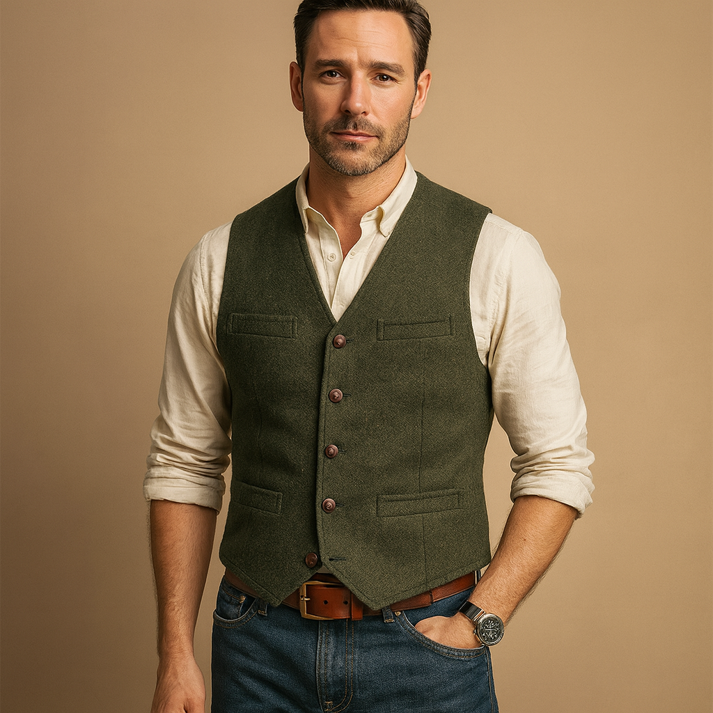 Man wearing a formal classic buttoned vest, suitable for business casual or autumn winter layering.