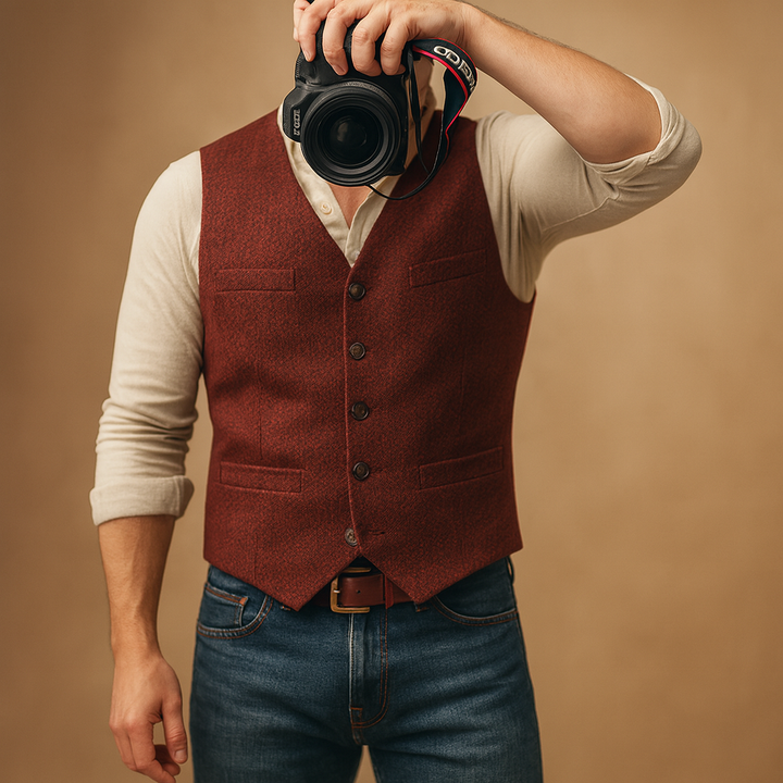 Close-up of a men's classic buttoned vest, highlighting tailored details for a sharp look.