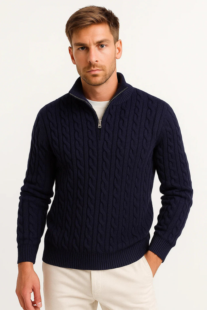 Men's classic cable knit zip-neck sweater in a neutral color, ideal for spring layering and casual wear