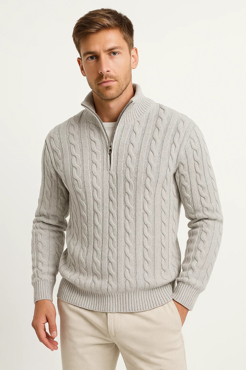 Close-up of a men's cable knit zip-neck sweater texture, highlighting the intricate knitted pattern for spring
