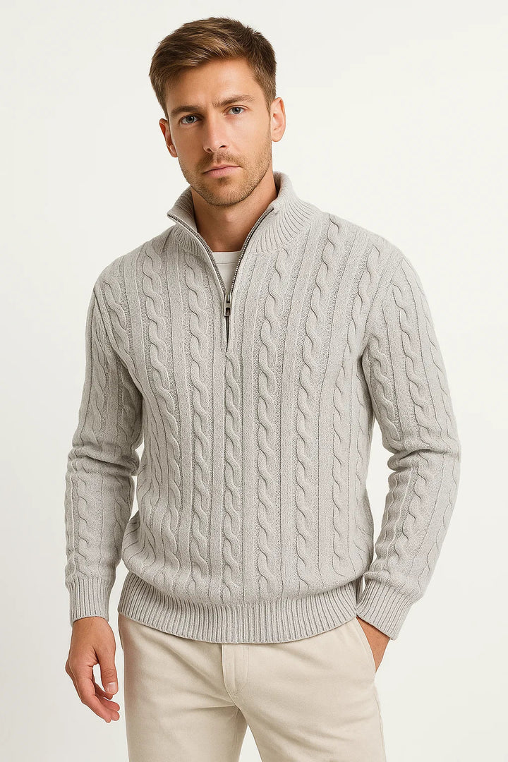 Close-up of a men's cable knit zip-neck sweater texture, highlighting the intricate knitted pattern for spring