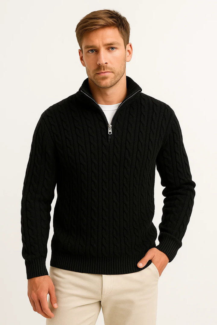 Stylish man wearing a long sleeve cable knit zip-neck sweater, perfect for spring fashion and outerwear