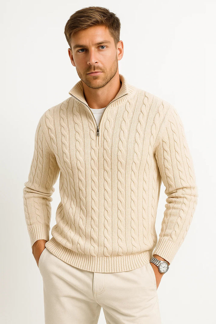 Folded men's cable knit zip-neck sweater, ready for spring layering or everyday casual wear