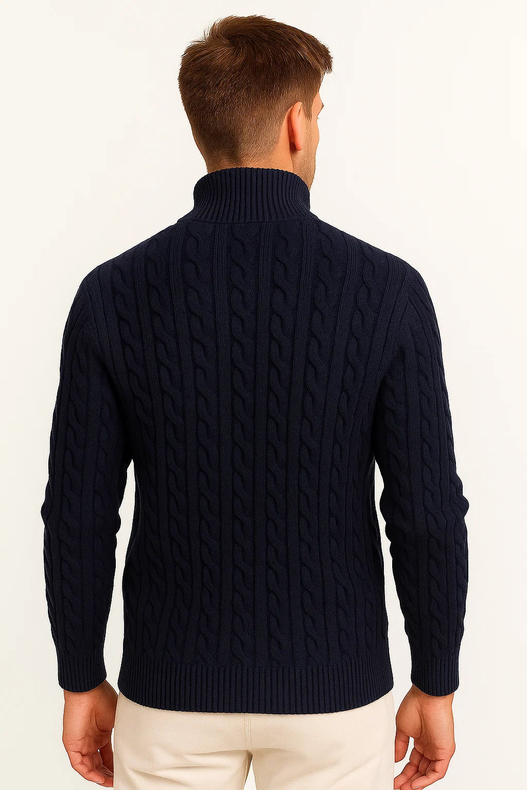 Detailed view of the zip-neck on a men's cable knit sweater, showing quality and versatile styling for spring