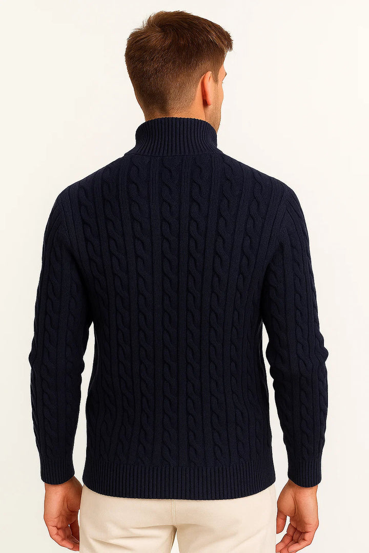 Detailed view of the zip-neck on a men's cable knit sweater, showing quality and versatile styling for spring