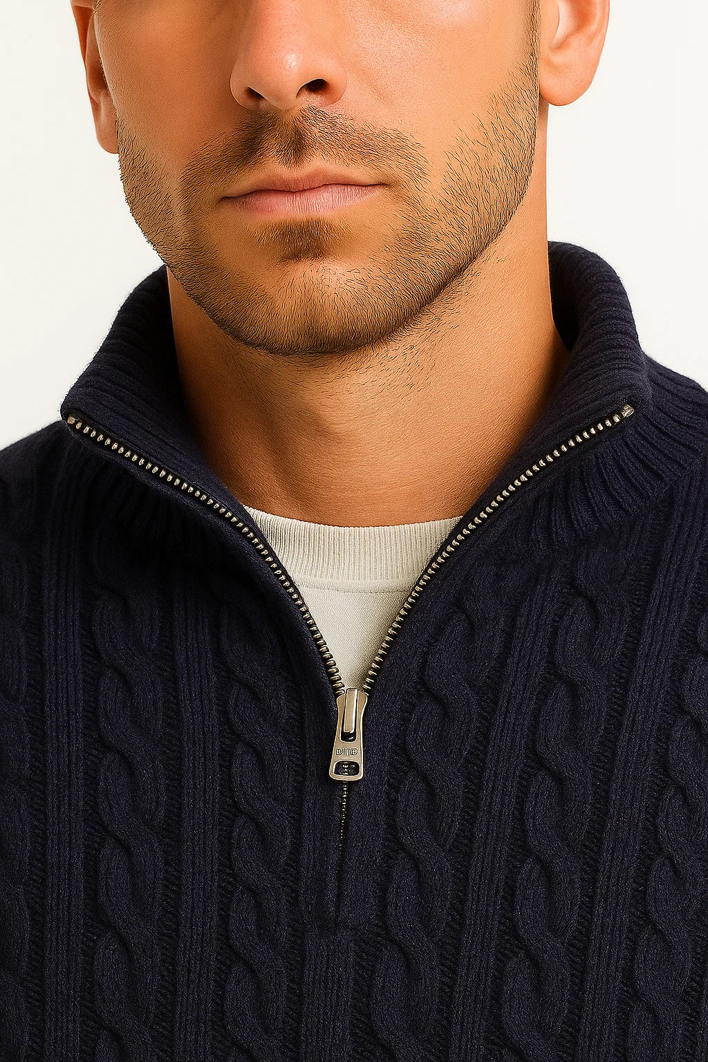 Casual men's cable knit zip-neck sweater, a key piece for spring fashion and versatile men's clothing