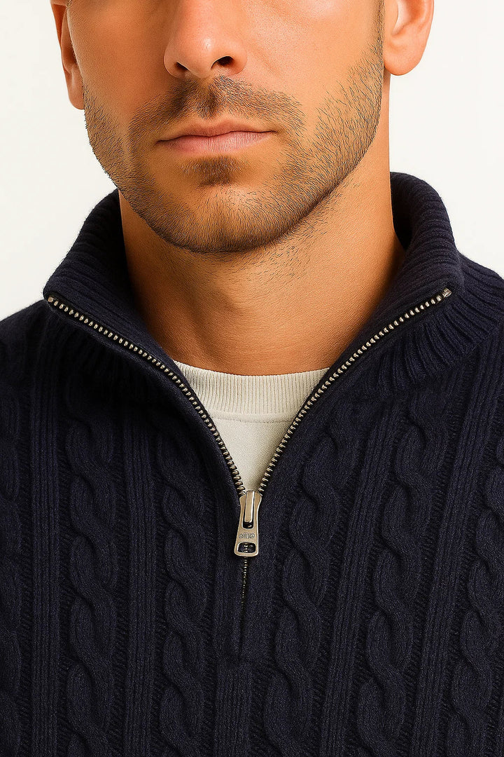 Casual men's cable knit zip-neck sweater, a key piece for spring fashion and versatile men's clothing