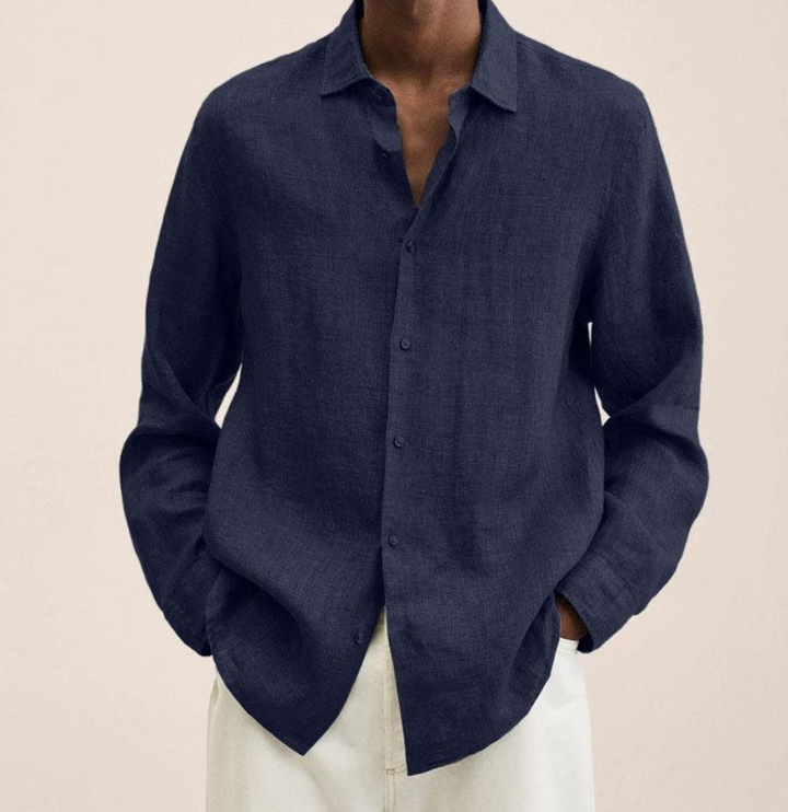Men's classic collar long sleeve summer shirt, lightweight and breathable for warm weather comfort. Versatile button-down.