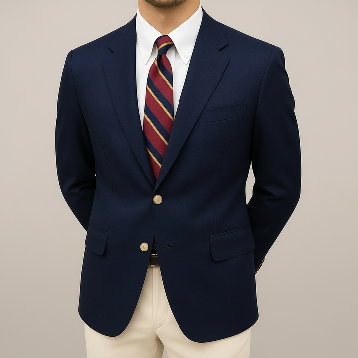 Men's classic dark blue notch lapel blazer with elegant gold buttons, ideal for business or smart casual wear.