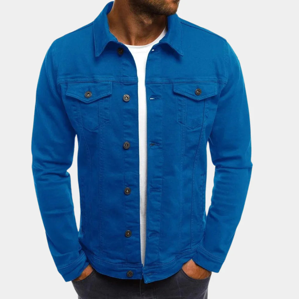 Comfortable men's denim jacket, ideal for versatile layering and a modern casual fashion statement.