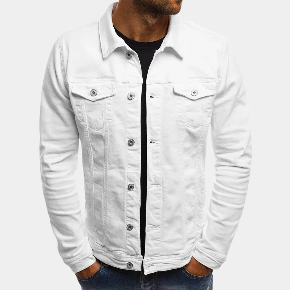 Man wearing a casual denim jacket, showcasing its versatile timeless style and everyday comfortable fit.