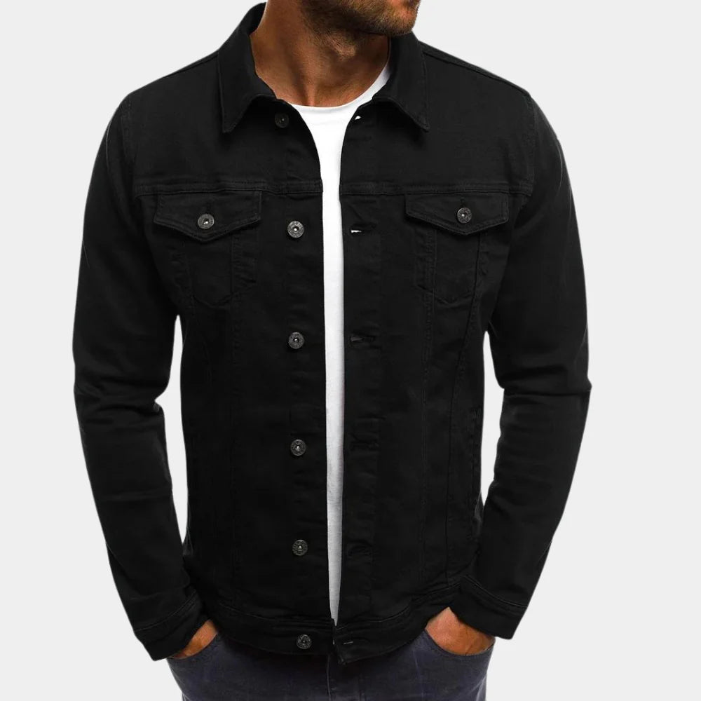 Versatile men's denim jacket, a classic layering piece for year-round casual fashion and outerwear.