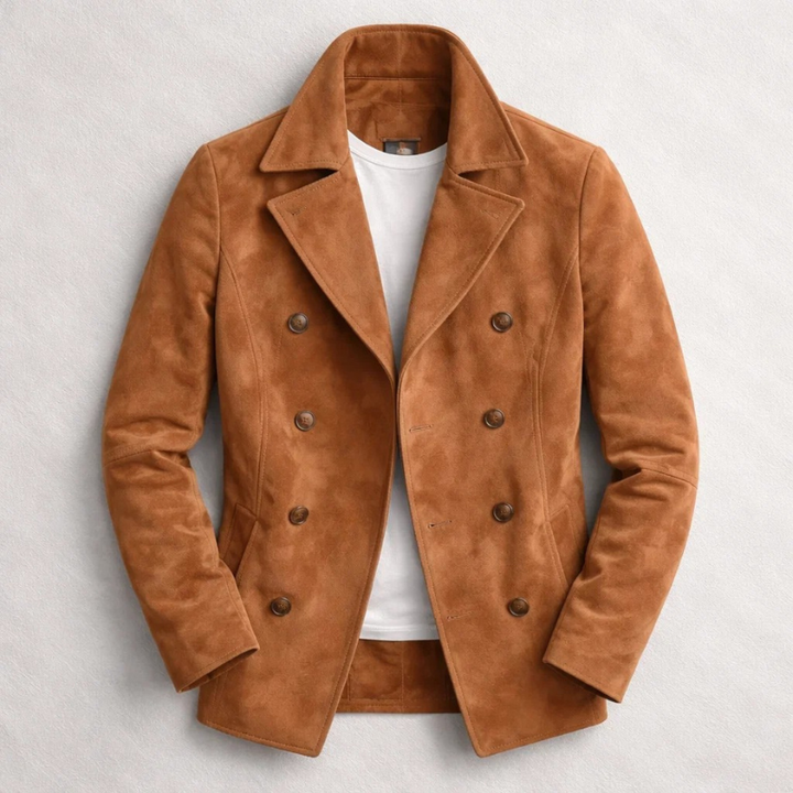 Stylish men's tailored pea coat with double-breasted design, perfect for classic fall and winter fashion.
