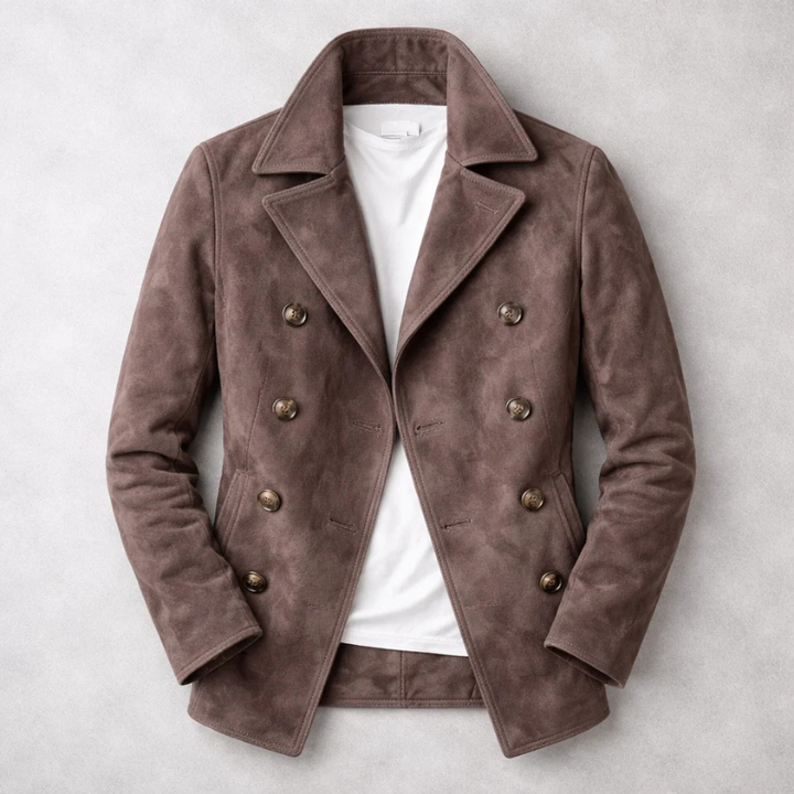 Hip-length men's classic pea coat, double-breasted, for sophisticated and stylish fall and winter fashion.