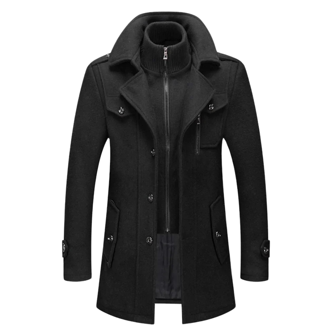 Men's classic double layer long trench coat in a neutral color, suitable for formal or casual winter outerwear.