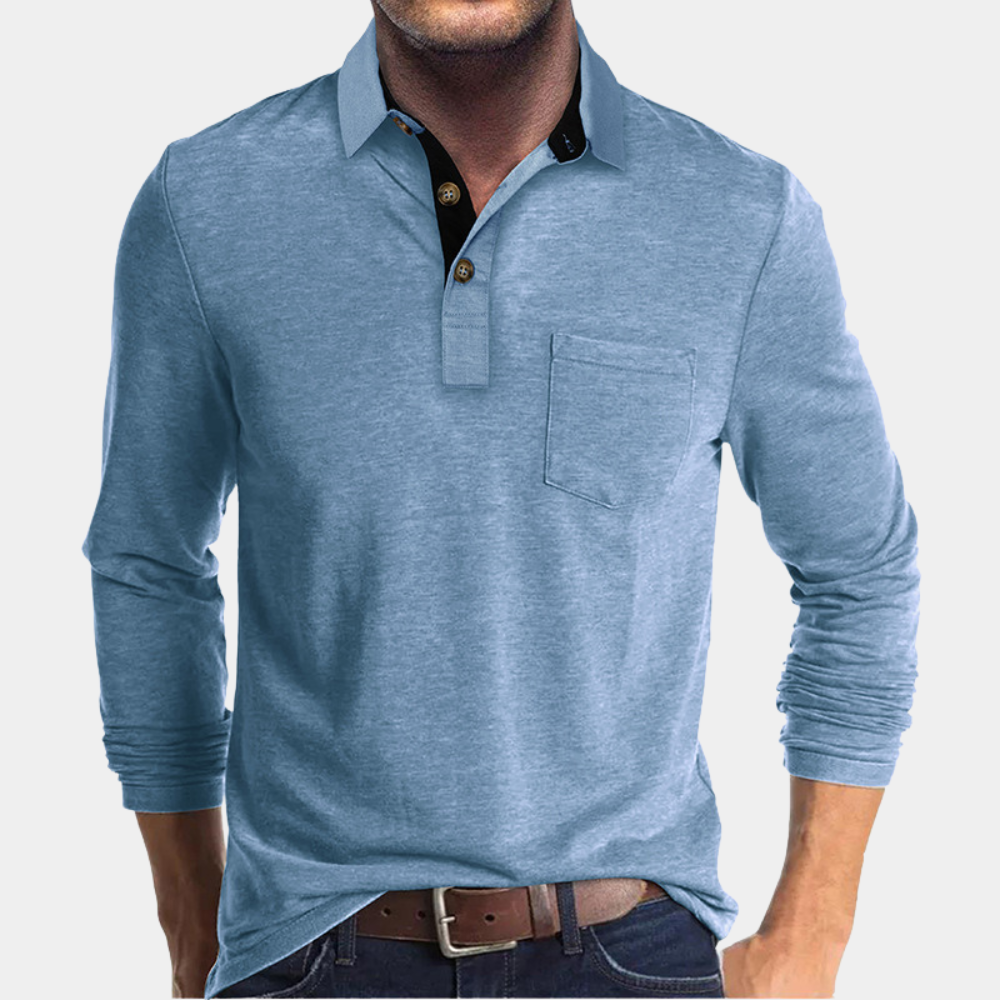 Men's classic fit polo shirt with chest pocket and button placket for everyday casual wear.