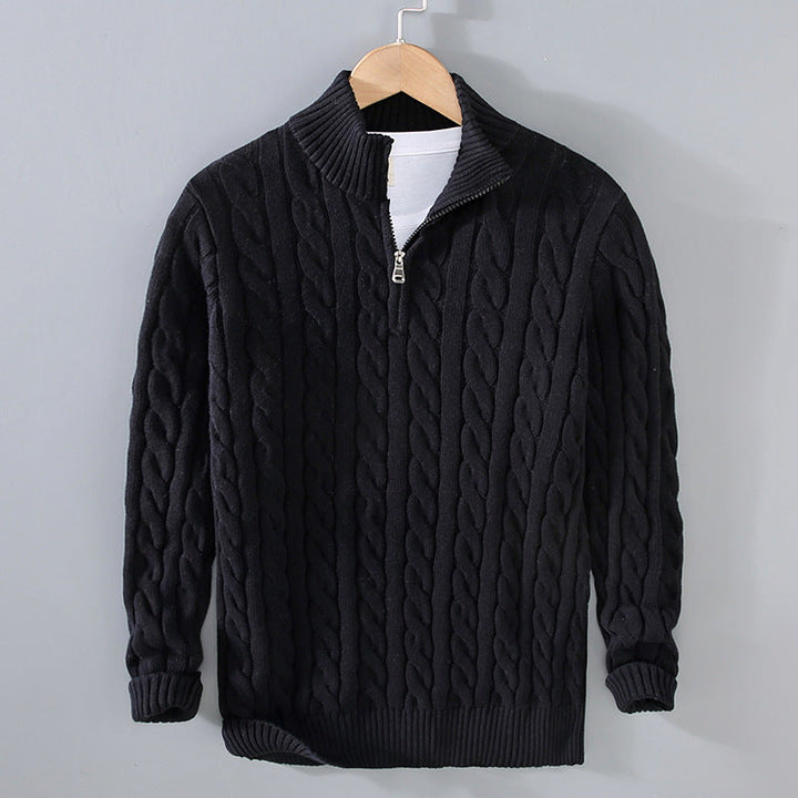 Men's classic half-zip cable knit pullover sweater in a warm winter color for casual wear