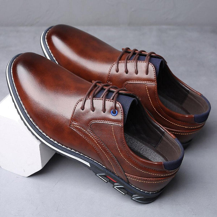 Men's classic lace-up oxford walking shoes in dark brown, featuring anti-slip sole for enhanced grip.