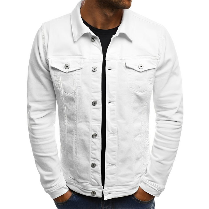 Stylish men's blue denim jacket, lightweight and classic for summer. Features button-up front & chest pockets.