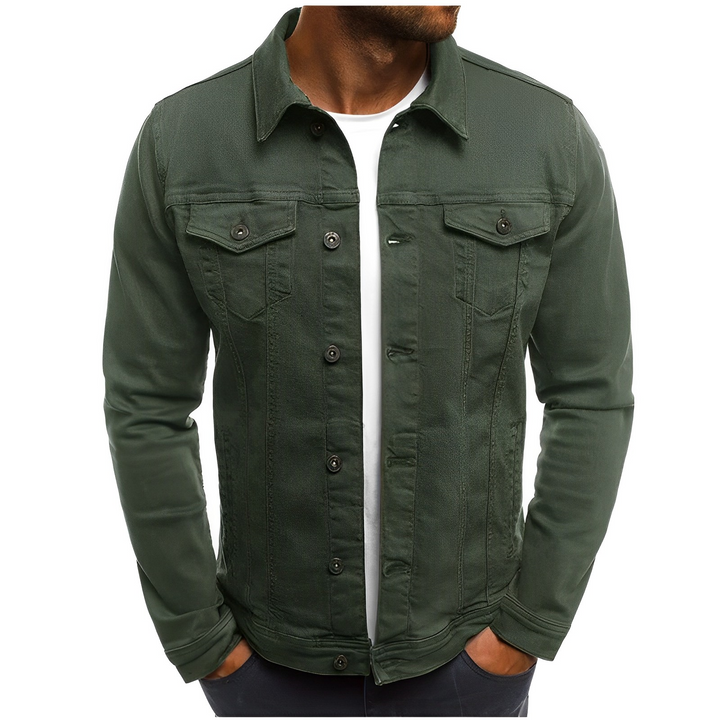 Men's lightweight green denim summer jacket. Classic style, versatile for casual fashion. Button-up closure.