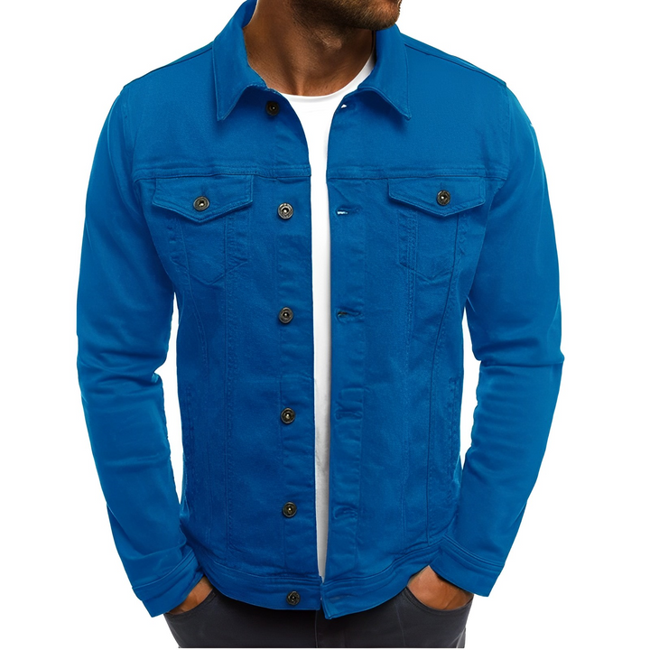Versatile men's classic denim jacket, lightweight for summer. Ideal casual outerwear with button-up front.