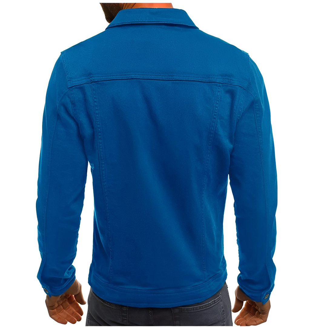 Men's button-up denim jacket with multi-pockets, lightweight & classic for summer casual wear. New arrival.