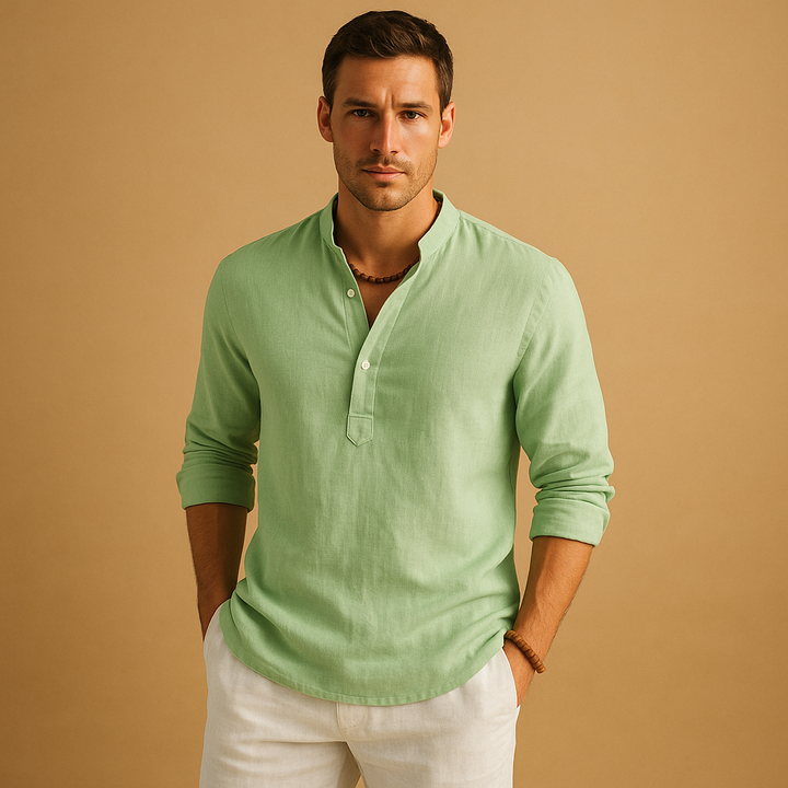 Elegant men's classic long sleeve button-up shirt, suitable for versatile styling across seasons.