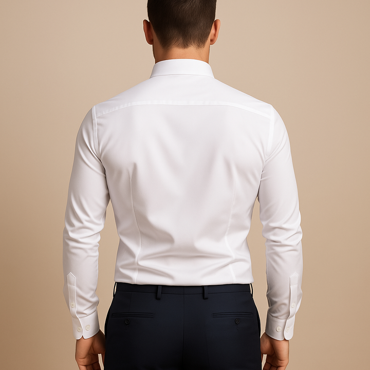 Stylish men's tailored fit long sleeve dress shirt for a classic, sophisticated look. Essential men's fashion.