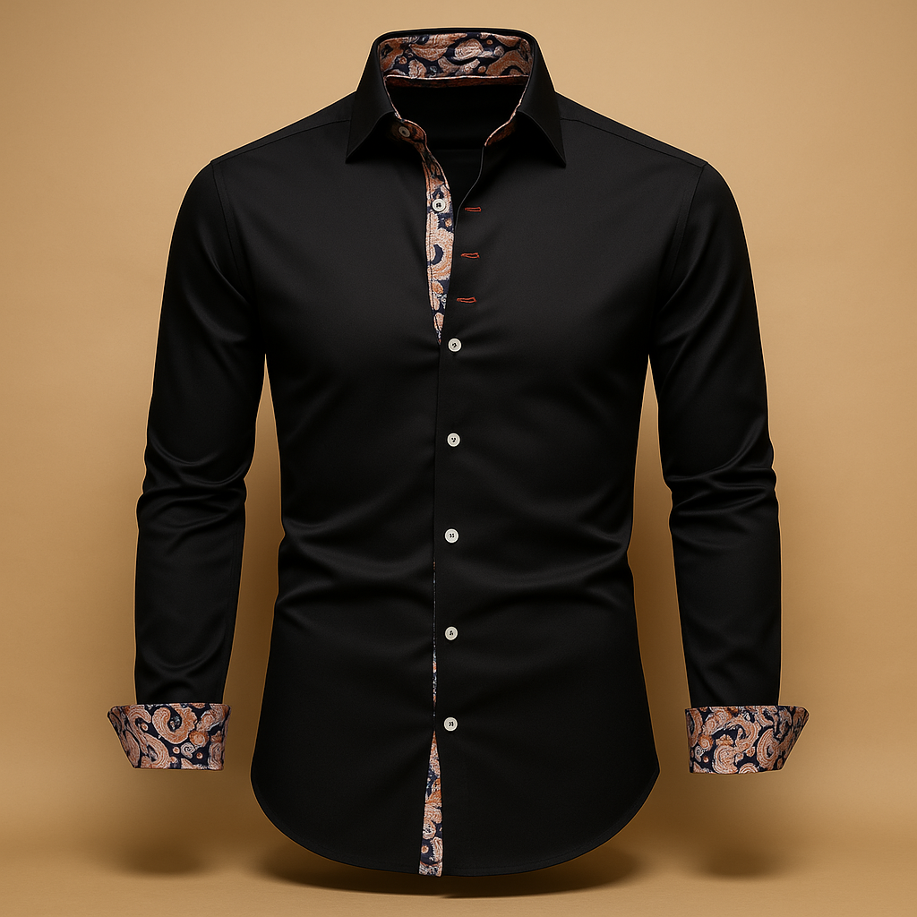 Closeup of men's classic long sleeve dress shirt, showing crisp fabric and tailored details for formal wear.
