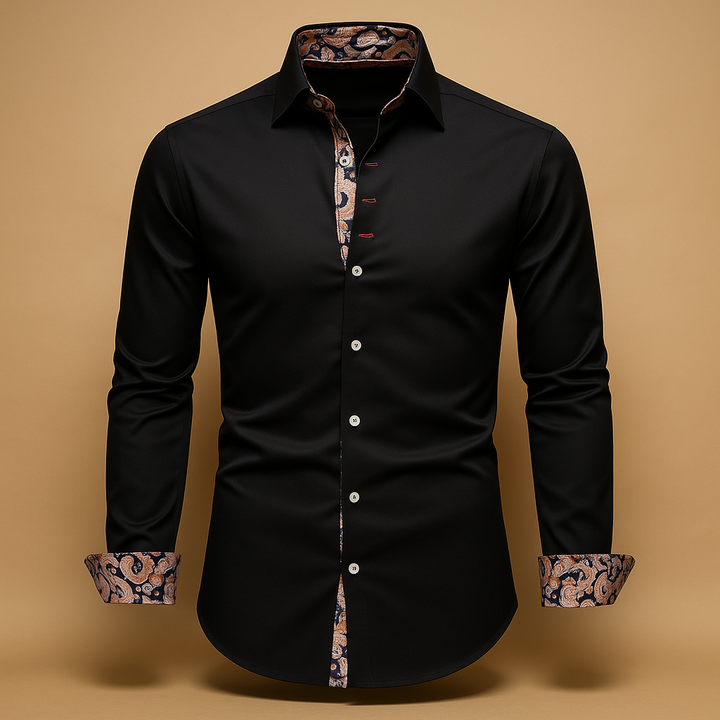 Closeup of men's classic long sleeve dress shirt, showing crisp fabric and tailored details for formal wear.