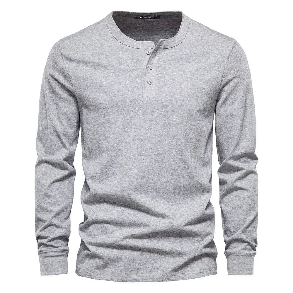 Versatile men's fashion long sleeve button henley shirt, suitable for various occasions.