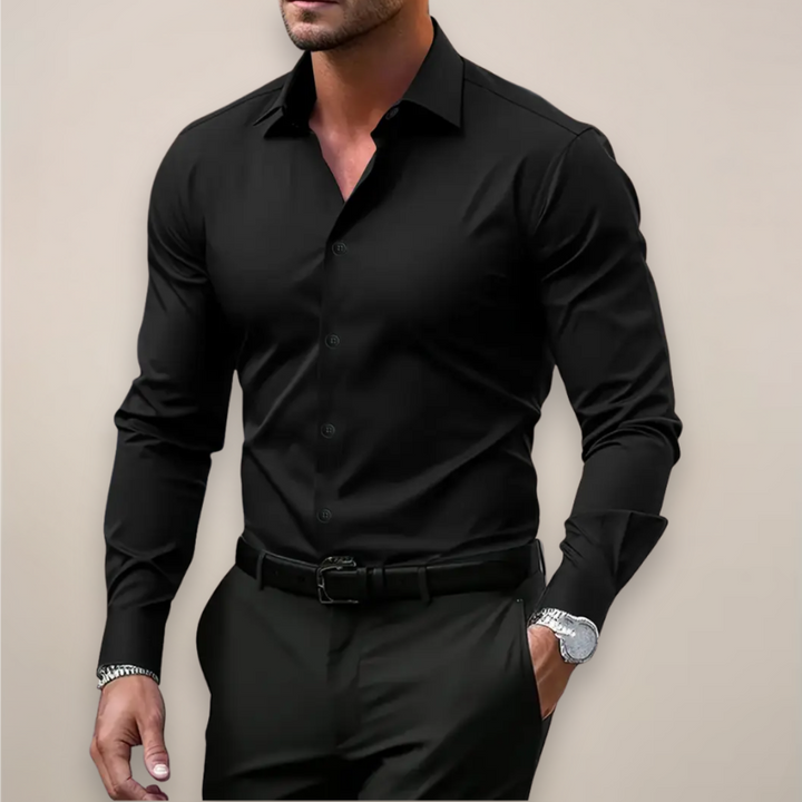 Man wearing a classic long-sleeve shirt with a distinctive notched collar, embodying smart casual office wear.