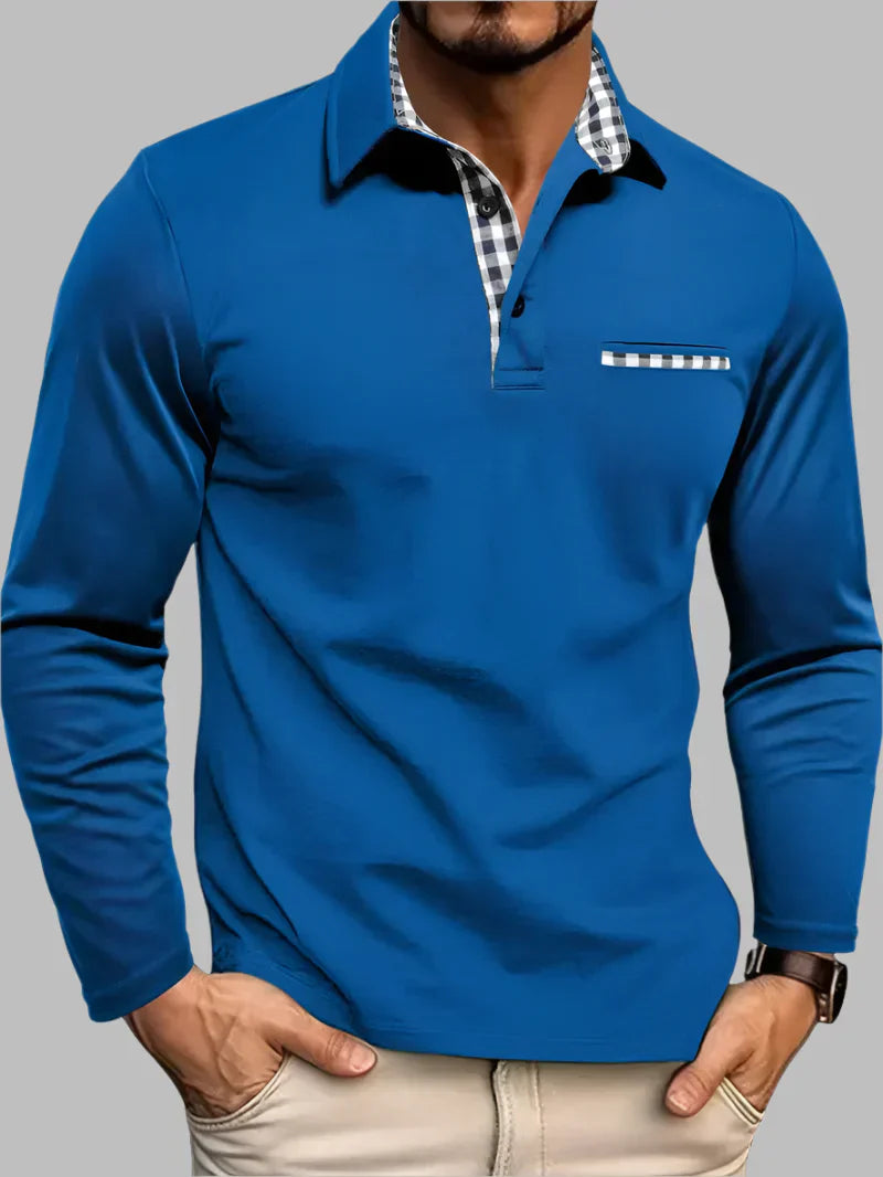 Elegant men's long-sleeve summer polo. Classic collared shirt, made from a breathable cotton blend for comfort.