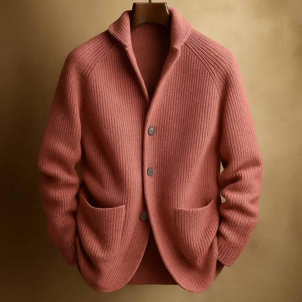 Men's classic navy button-front sweater, perfect for casual layering in winter, featuring a relaxed fit.