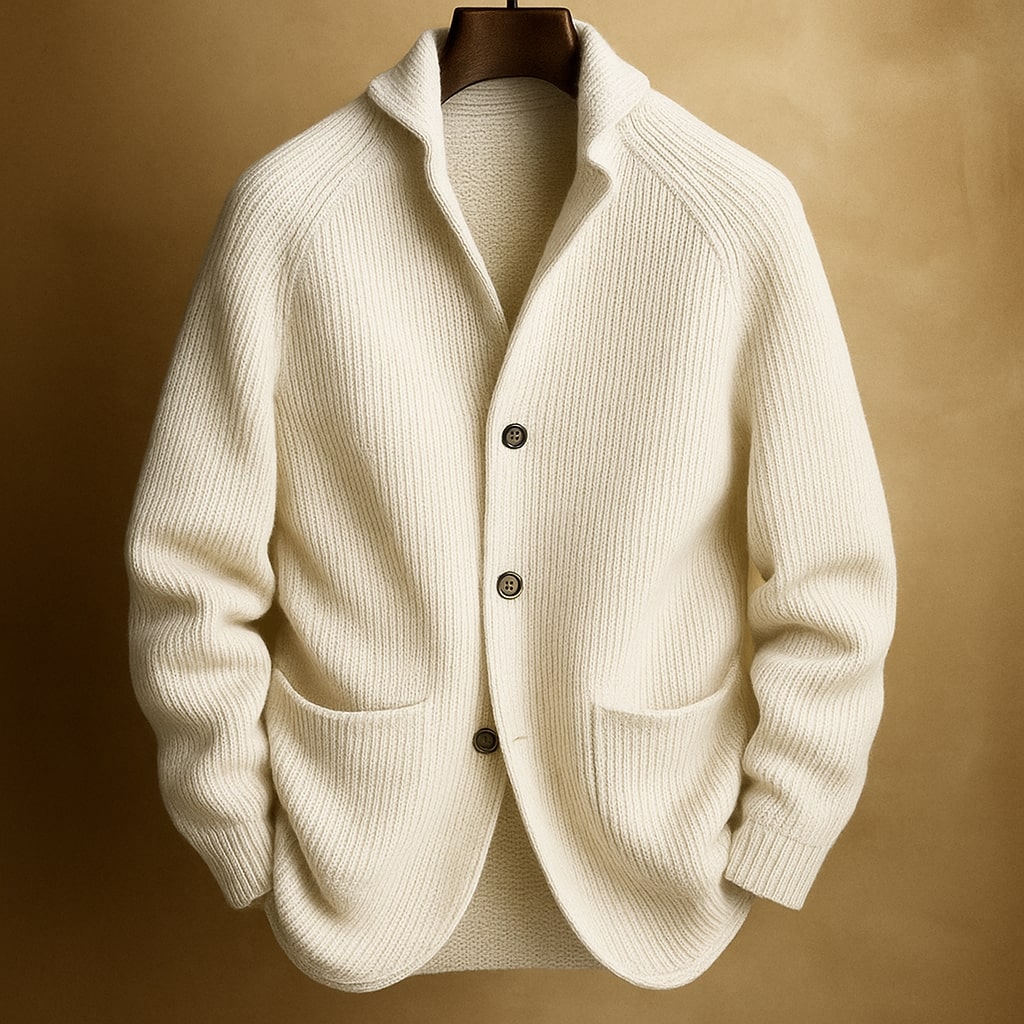 Warm men's button-front cardigan sweater in classic style, ideal for winter fashion & comfortable layering.